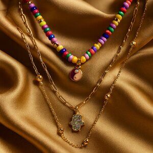 Layered Necklace Set – Yin-Yang Beaded Choker & Gold Hamsa Pendant & Gold Chains